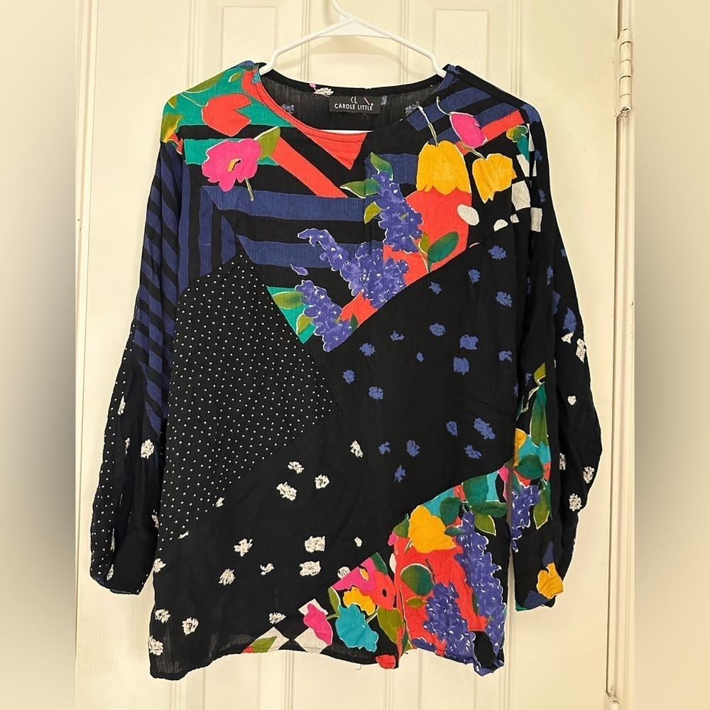 Vintage Carole Little abstract multicolor patchwork long-sleeved blouse size M/L - Picture 1 of 5